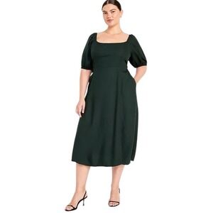 Old Navy Plus Size 3X Midi Dress Forest Green Puff Sleeve Pocket Cottagecore 427
